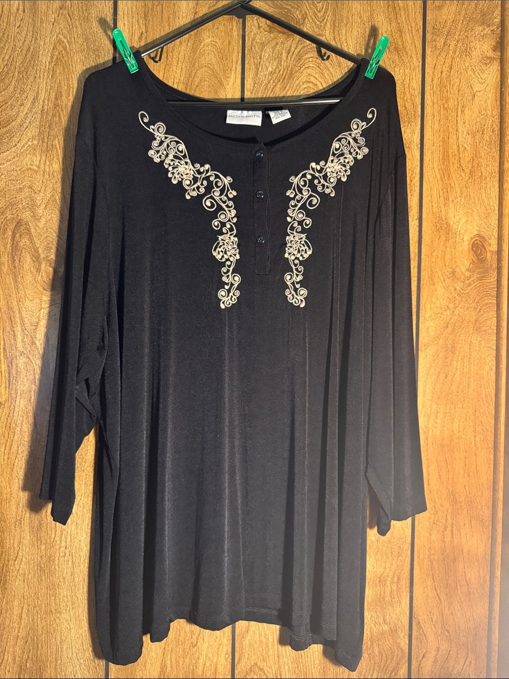 Jaclyn Smith Black Long-Sleeve Henley Top with Cream Embroidery